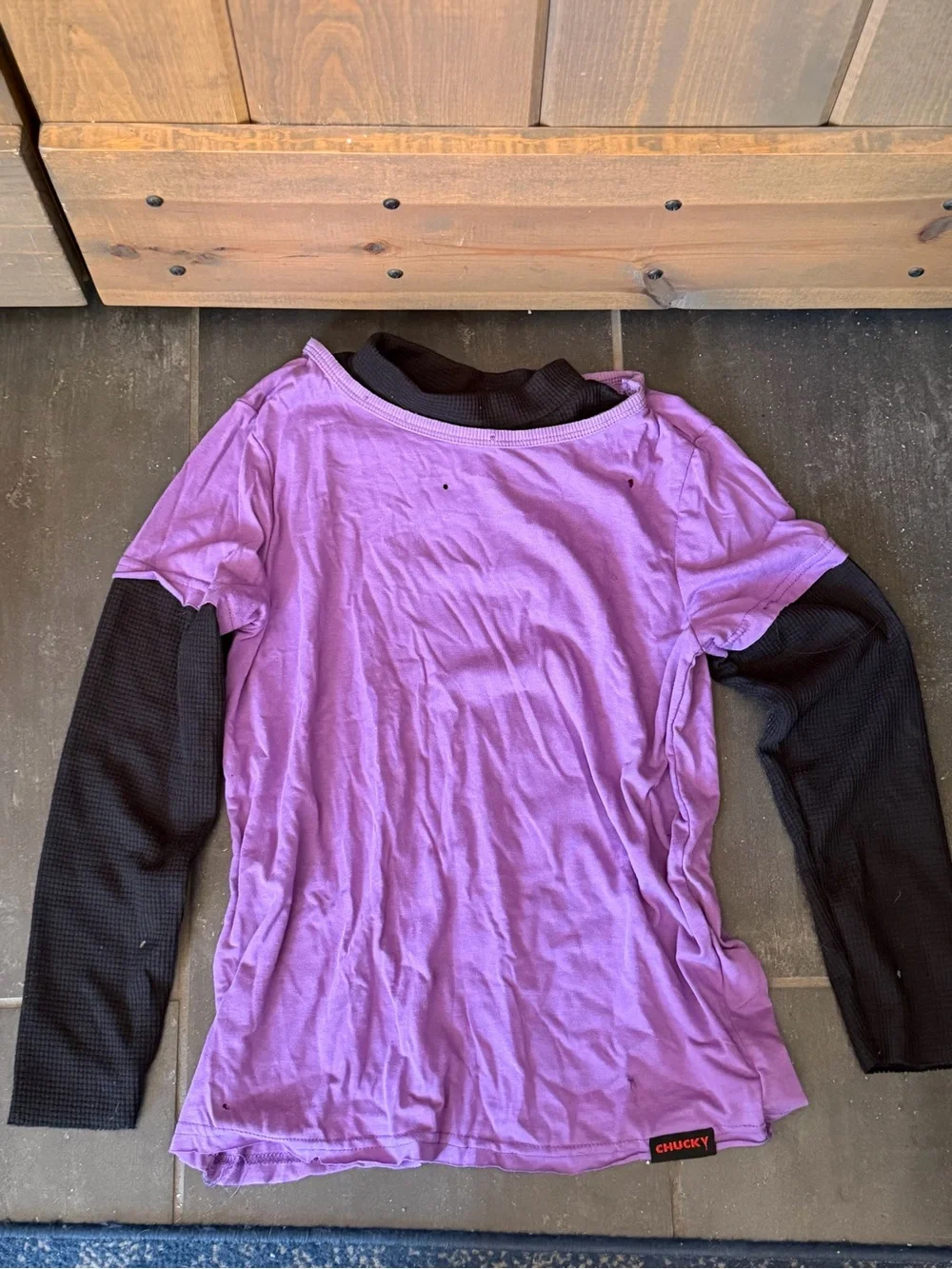 Spirit Chucky-Inspired Purple and Black Costume with Orange Wig Mask